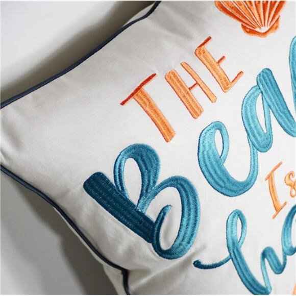 Embroidered The Beach is My Happy Place Throw Pillow Cover,Square 18 inches - Picture 10 of 14